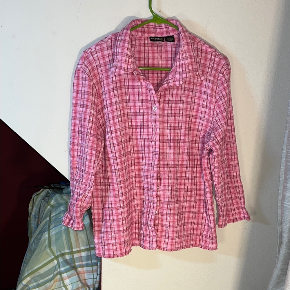 Shirred Pink Plaid Button-Up‎ Guide Series Shirt